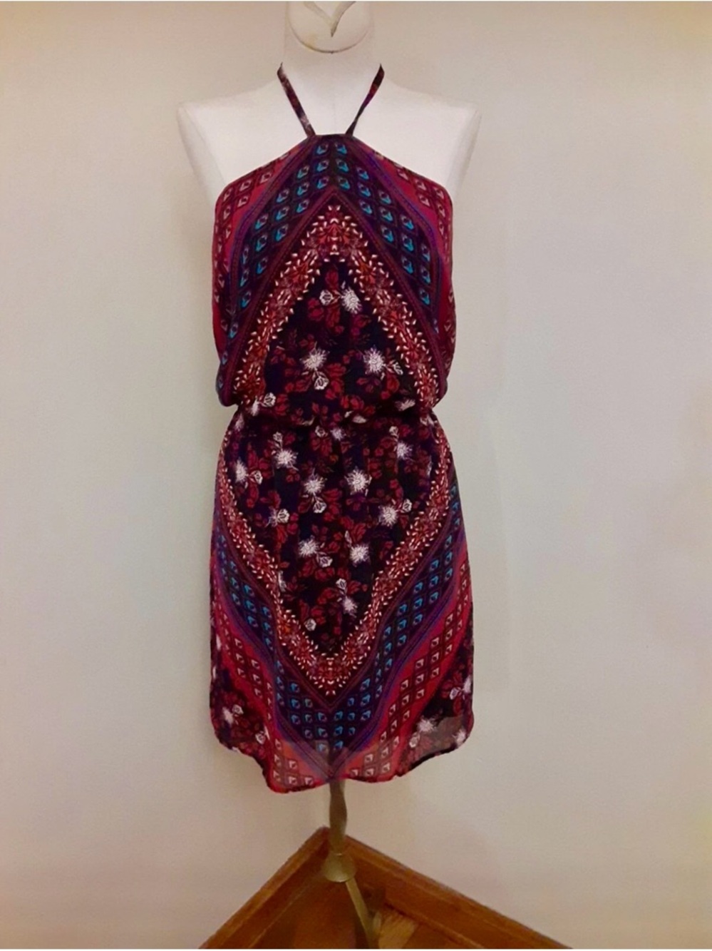 Express Burgundy Halter Mini Dress with Teal Accents